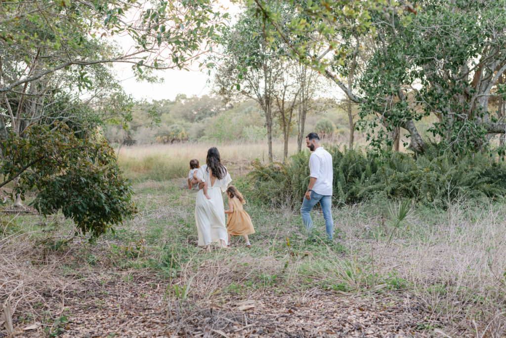 Family exploring the woods