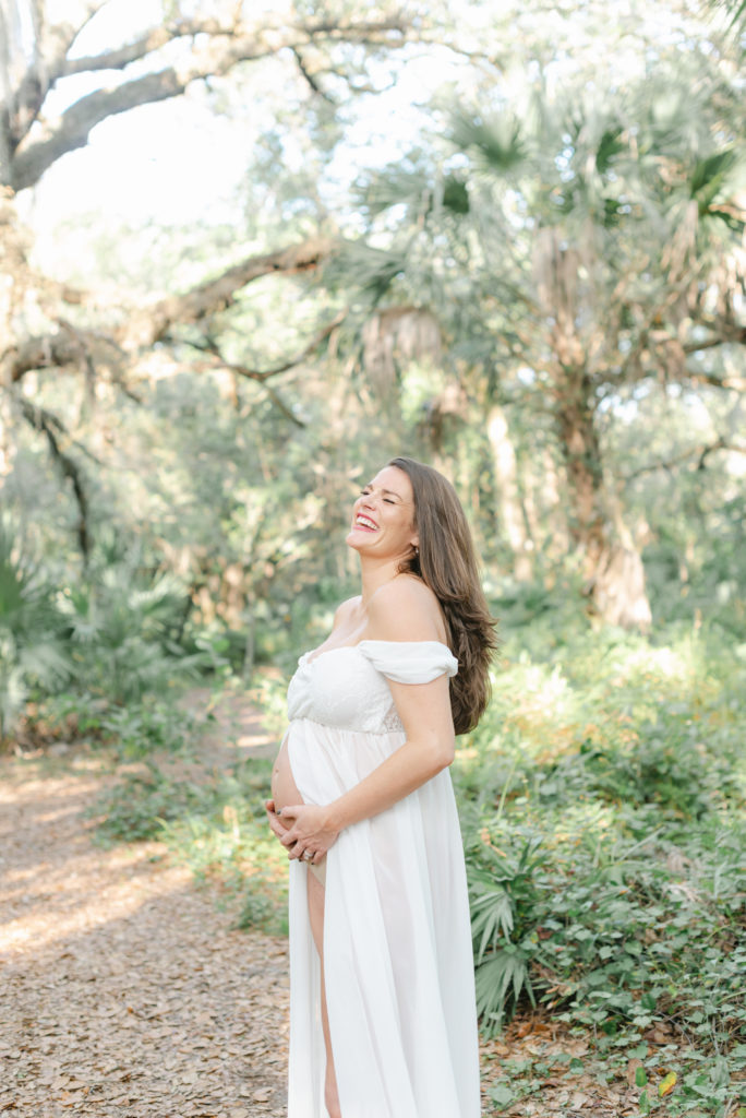 Mom laughing holding belly