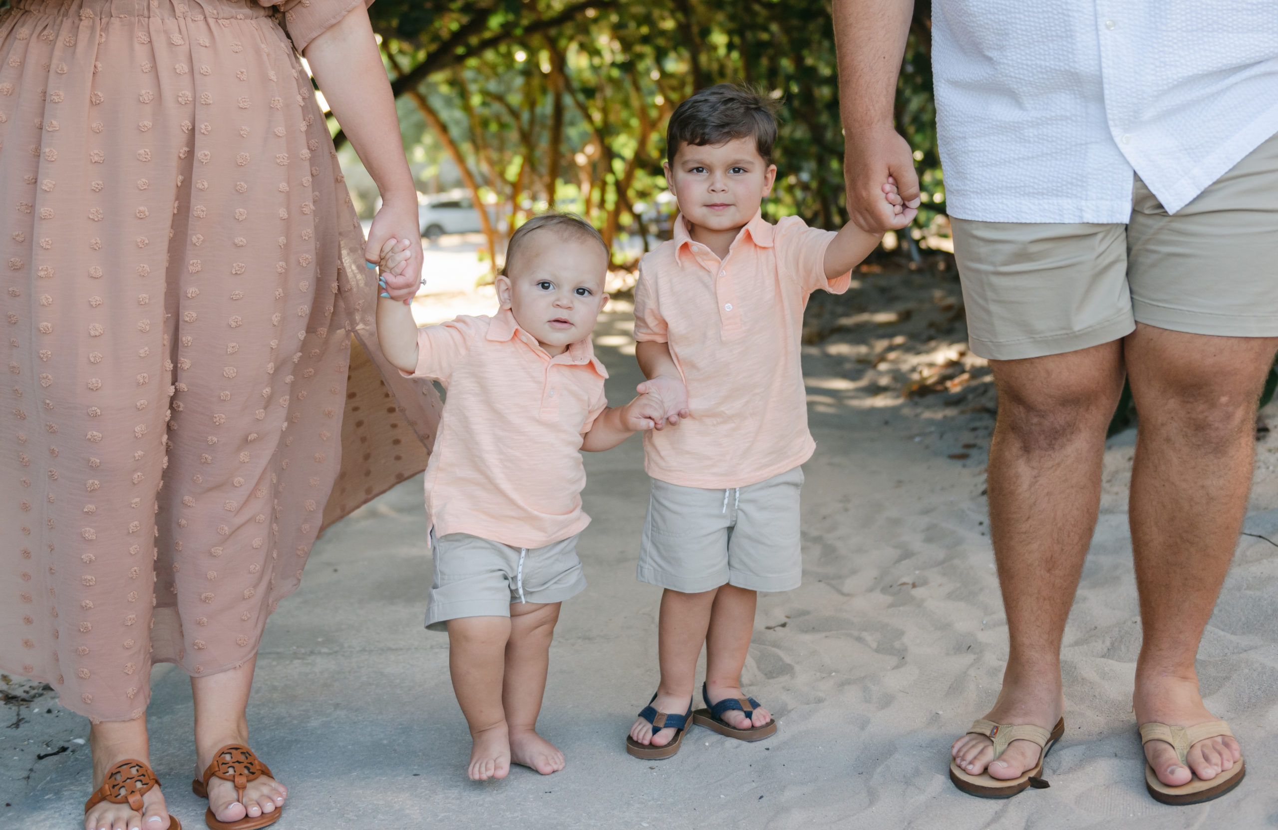 Two brothers holding parents hands